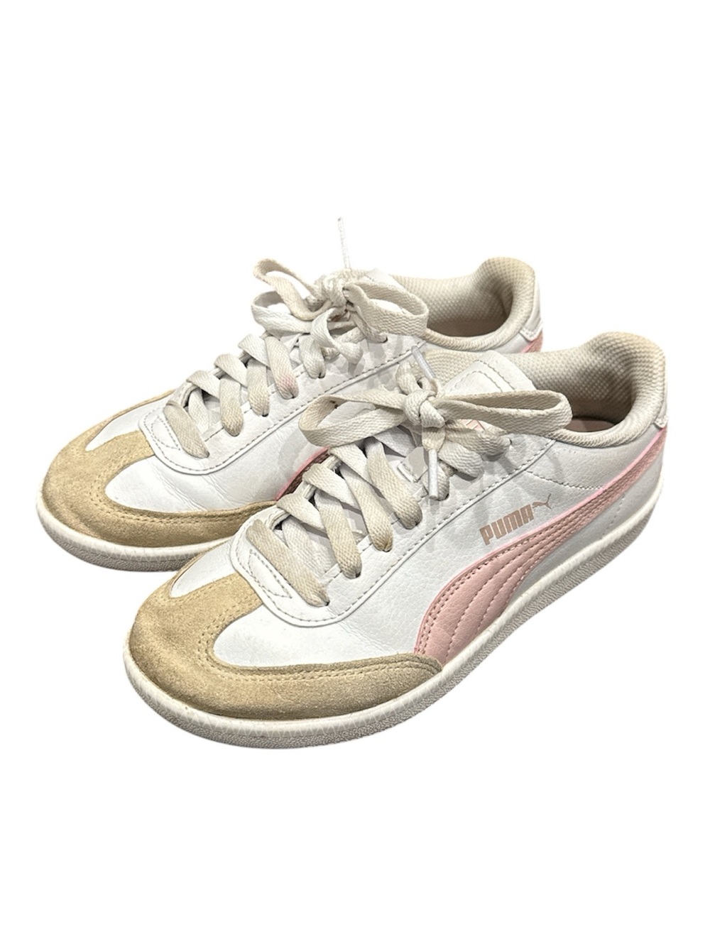 Puma Kids White Sneakers with Pink Stripe and Beige Suede